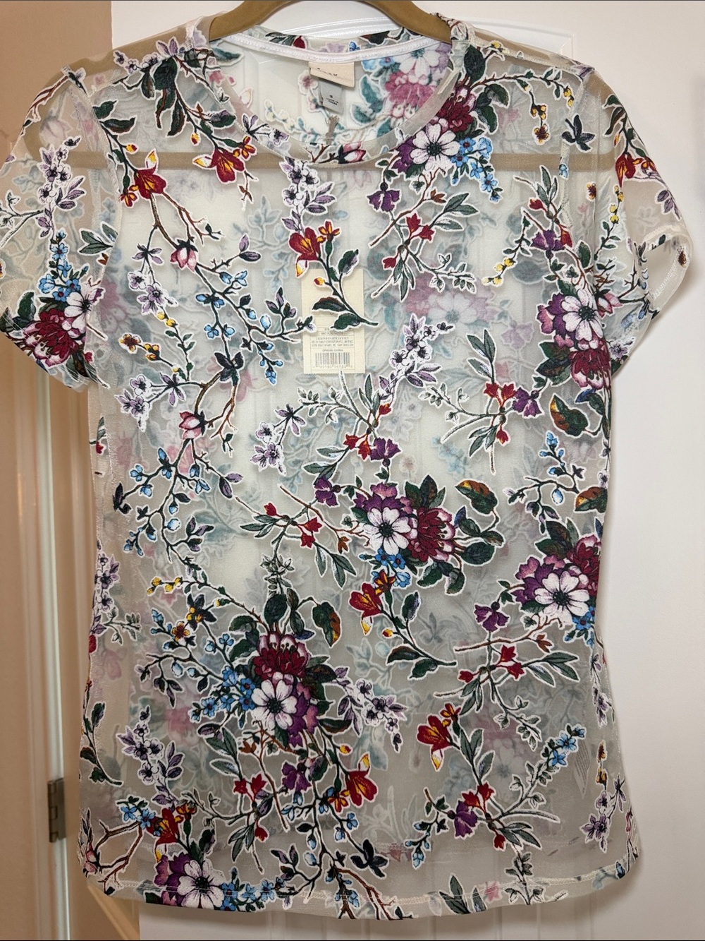 Floral Embroidered Short Sleeve Mesh Top - White with Multicolor Floral